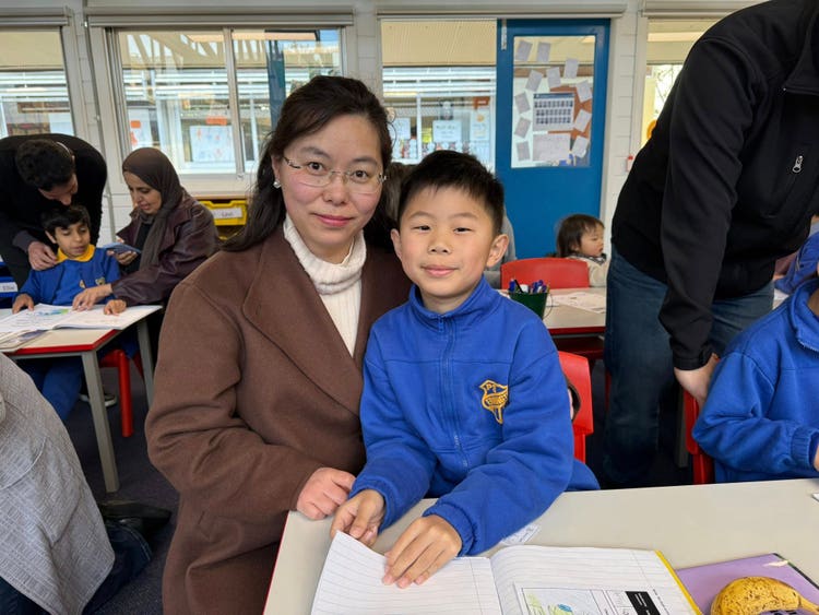 mother and son in classroom